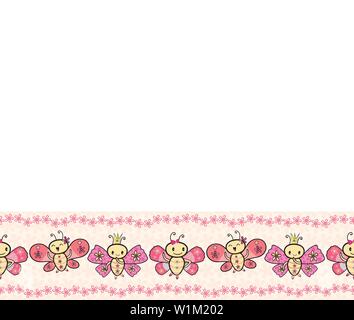 Cute pink hand drawn Kawaii style dancing butterflies border with floral edging. Seamless vector pattern on cream flower textured background. Great Stock Vector
