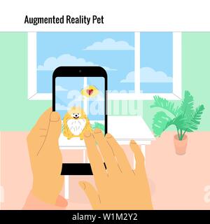 Human hand is holding smartphone with augmented reality app on screen showing hologram of a dog. Flat style stock vector illustration. Stock Vector