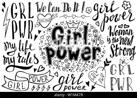Girl power quotes and illustrations. Grl pwr hand drawn set. Feminism lettering. Womens right. Girl Boss. Female badges and symbols. Vector illustration Stock Vector