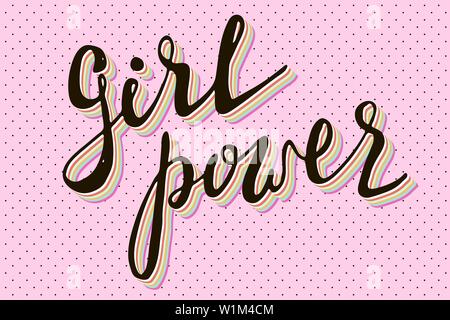 Girl power quote. Grl pwr hand drawn lettering. Womens right. Female, feminism symbols.Vector pop art illustration. Can be used as print for poster, t shirt, postcard. Stock Vector