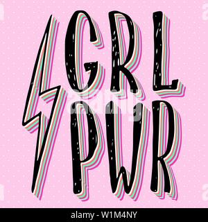 Girl power quote. Grl pwr hand drawn lettering. Womens right. Female, feminism symbols.Vector pop art illustration. Can be used as print for poster, t shirt, postcard. Stock Vector
