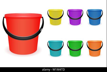 Set multi-colored household plastic buckets Stock Vector