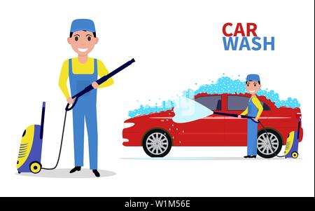Man washes a car in uniform Stock Vector