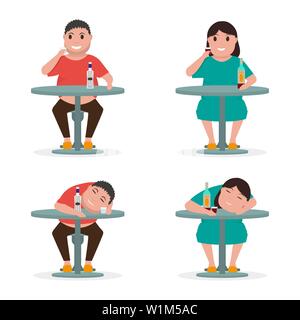 Set woman and man drink at table and get drunk Stock Vector