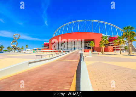 Doha, Qatar - February 21, 2019: entrance of Khalifa National Stadium, completed, renovated, covered with air conditioning, main stadium of Qatar in Stock Photo