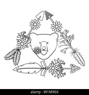 bear grizzly with feathers hat bohemian style vector illustration design Stock Vector