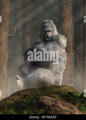 An angry white ape sits on rocks in a jungle and glares at