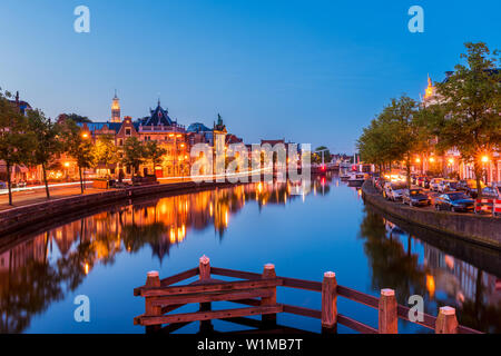 Spaarne River in Haarlem Netherlands at dusk Stock Photo