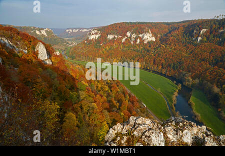 View from the Eichfelsen at Werenwag Castle , Valley of the river Danube , Schwäbische Alb , Baden-Württemberg , Germany , Europe Stock Photo