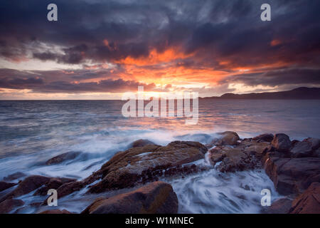 Spectacular sunset over the Vesterålen island Hadseløya and the Norwegian Sea, Nordland, Norway, Scandinavia Stock Photo