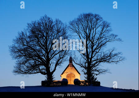 Illuminated chapel with two trees, lake Chiemsee, Chiemgau, Upper Bavaria, Bavaria, Germany, Europe Stock Photo