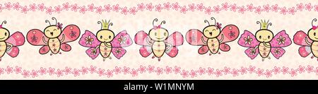 Cute pink hand drawn Kawaii style dancing butterflies border with floral edging. Seamless vector pattern on cream flower textured background. Great Stock Vector