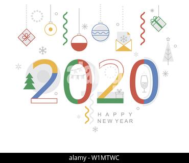 2020 new year minimal banner. Modern design card, poster with geometric shapes, christmas balls and gifts, wishing happy holiday.Great for web, party Stock Vector