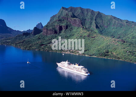 Cruiser ship MS Europa, Aerial view, Cook´s Bay, Moorea French Polynesia Stock Photo