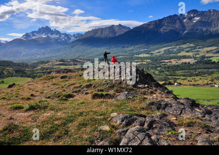 hikers at trekking through mountains of Cerro Castillo, Carretera Austral, Región Aysén, Patagonia, Andes, Chile, South America Stock Photo