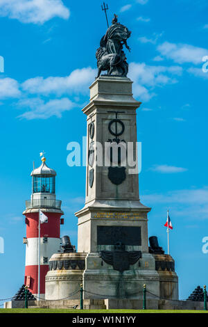 National Armada Memorial and Smeatons Tower Lighthouse on the seafront at Plymouth Hoe on the south coast of Devon, England. UK. Stock Photo