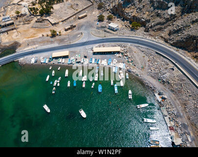 Scenic coastal highway and fjords of Musandam in Oman aerial view Stock Photo