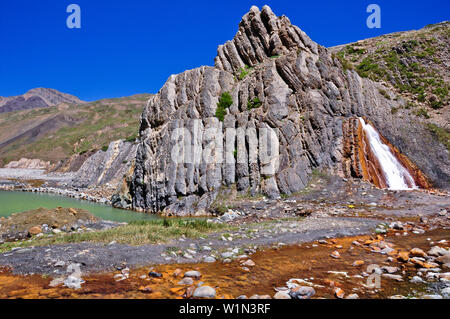 'Waterfall, hot pool and colorful lagoons, Termas del plomo, Valle del Yeso, Cajon del Maipo, Región Metropolitana de Santiago, Andes, Chile;' Stock Photo