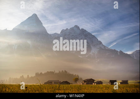 Ehrwalder Sonnenspitze in the mist, Morningmood, View from Ehrwald, Mieminger Range, Zugspitze, Alps, Tyrol, Austria Stock Photo