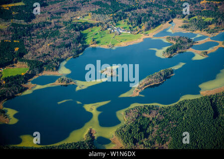 Aerial photo, Lanscape with lakes, Osterseen, Upper Bavaria, Bavaria, Germany Stock Photo