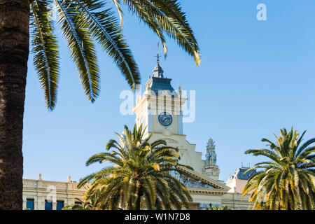 Town hall, Ayuntamiento de Malaga, framed by palm trees, Malaga, Andalusia, Spain Stock Photo