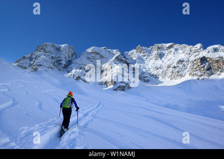 Female back-country skier ascending to Cristallo wind gap, Cristallo, Dolomites, Belluno, Veneto, Italy Stock Photo