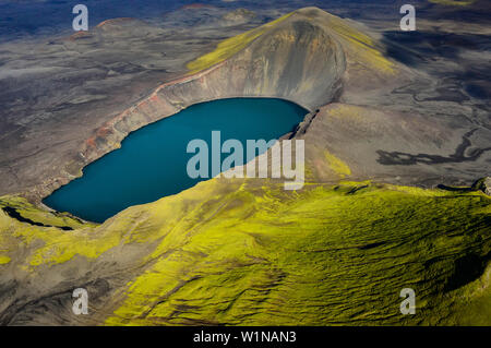 Aerial view, Hnausapollur crater lake or volcano caldera, also known as Bláhylur or Litlavíti, Landmannalaugar, Fjallabak Nature Reserve, Highlands, S Stock Photo