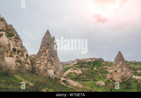View of the volcanic cliffs in Cappadocia. Goreme National Park. Central Turkey Stock Photo