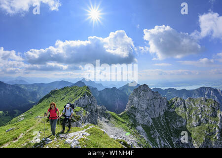 Woman and man ascending to Kraehe, Saeuling, Tegelberg and Gabelschrofen in background, Kraehe, Ammergau Alps, East Allgaeu, Allgaeu, Swabia, Bavaria, Stock Photo