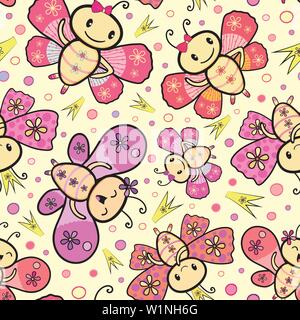 Pink and orange hand drawn Kawaii style dancing butterflies design with random crowns and circles. Seamless vector pattern on neutral background Stock Vector