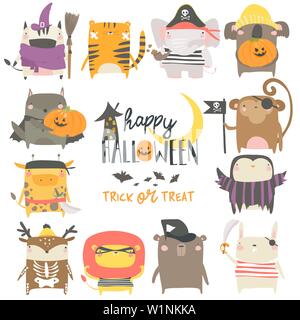 Set of funny animal characters dressed in Halloween costumes Stock Vector