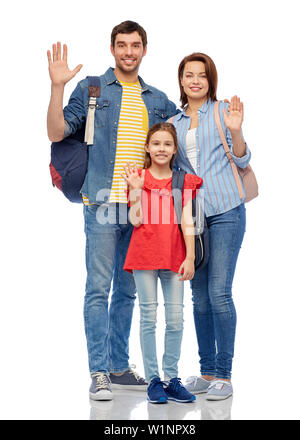 happy family with backpacks waving hands Stock Photo
