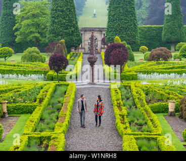 Restorer & estate manager at Scotland's oldest 1630 obelisk sundial Drummond Castle Gardens, Perthshire, Scotland, UK. Stock Photo