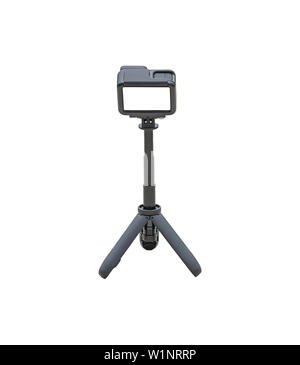 Camera and video with small black stand on a white background with clipping path. Stock Photo