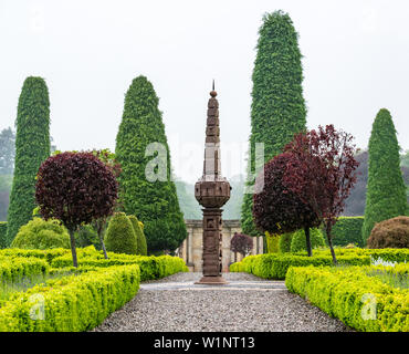 Scotland's oldest 1630 obelisk sundial restored in the formal garden of Drummond Castle Gardens, Perthshire, Scotland, UK Stock Photo