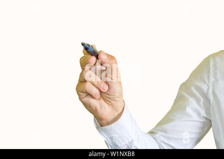 adult hand write something with marker on transparent glass, isolated on white. Stock Photo