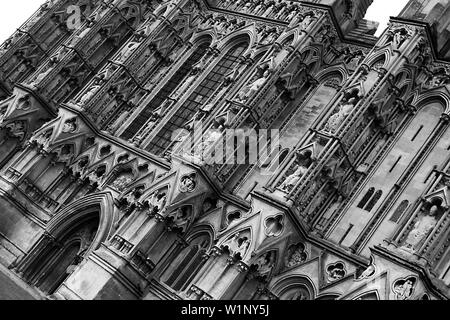 Wells Cathedral facade, mostly Early English Gothic architecture from late 12th to early 13th centuries with 300 sculpted figures, Somerset. Stock Photo