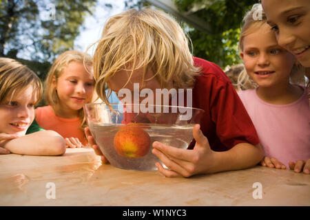 Boy trying to bite off an apple in a dish with water, children's birthday party Stock Photo