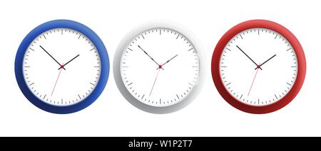 Set realistic illustration of clock face of colored wall clock with clock hands and red and blue trim. Isolated on white background - vector Stock Vector