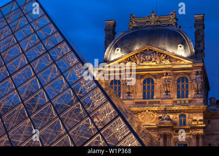 Courtyard of Musee du Louvre at twilight, Paris, France Stock Photo