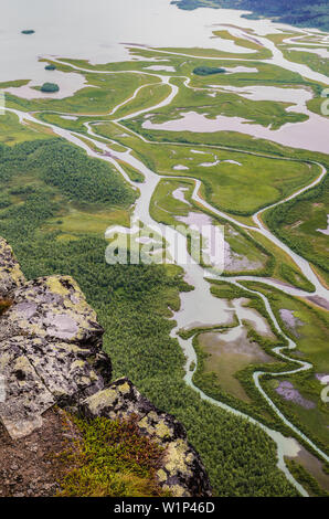 View from Skierffe mountain on to Rapadalen/Laidaure Delta, Sarek national park, Laponia, Lappland, Sweden. Trekking on Kungsleden Stock Photo