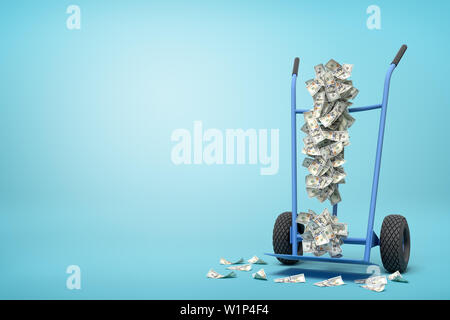 3d rendering of hand truck standing in half-turn with exclamation mark made up of dollar banknotes on it on light-blue background with copy space. Stock Photo