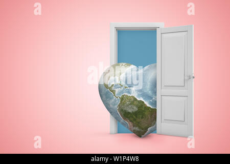 3d rendering of heart-shaped planet Earth emerging from open door on pink gradient copyspace background. Stock Photo