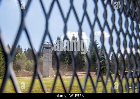 01 July 2019, Saxony-Anhalt, Sorge: View through the old border fence to a former watchtower in the border museum. The museum is located directly on the Green Belt. Photo: Klaus-Dietmar Gabbert/dpa-Zentralbild/ZB