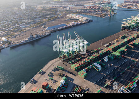 Los Angeles, California, USA - August 16, 2016:  Afternoon aerial view of docks, containers, and cranes in San Pedro and Terminal Island. Stock Photo