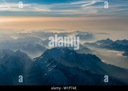 haze in the valleys arount the Zugspitze, aerial image, Bavaria, Germany