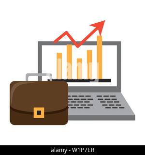 Laptop with statistics growing and briefcase symbols Stock Vector