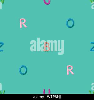 Seamless pattern with alphabet. Handmade modeling clay letters. Realistic 3d vector lettering background. Stock Vector