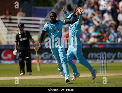 Emirates Riverside, Chester-le-Street, Durham, UK. 3rd July, 2019. ICC World Cup Cricket, England versus New Zealand; Jofra Archer celebrates with England captain Eoin Morgan after he has Martin Guptill of New Zealand caught behind and they are 14-2 Credit: Action Plus Sports/Alamy Live News Stock Photo