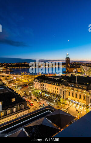 view to the central station and Stadhus at dusk, Stockholm, Stockholm, Sweden Stock Photo